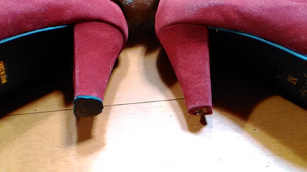 赤いハイヒールブーツのヒール・トップリフト交換の靴修理